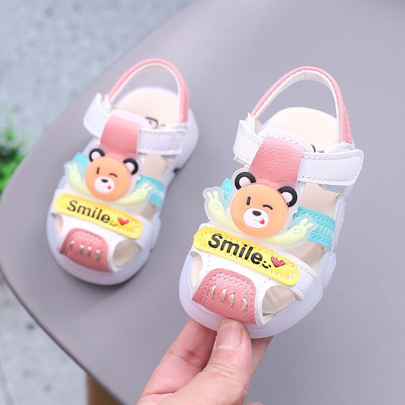 Sandal bé trai dép rọ tập đi cho bé trai bé gái con gấu da PU mềm có quai dán nhiều màu sắc smile A335 BabyBees (16-25)
