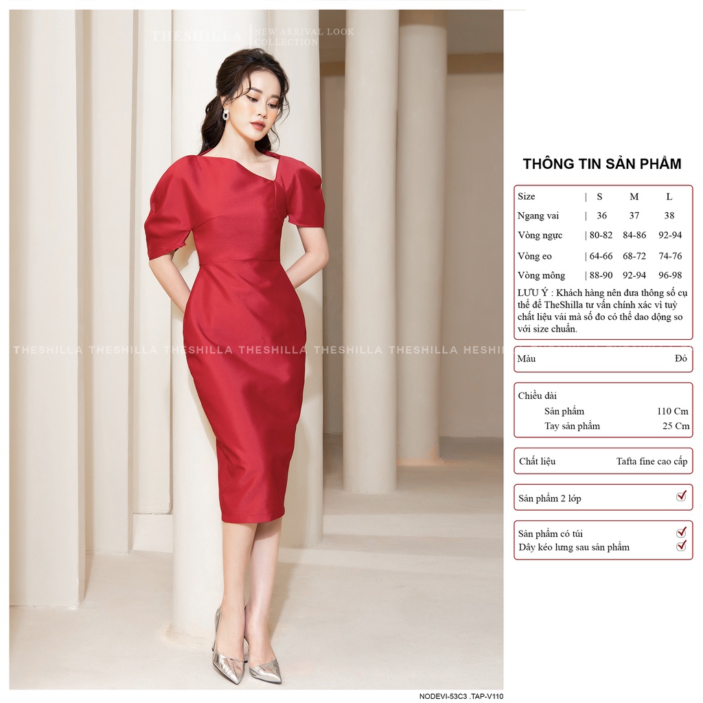 Váy thiết kế cao cấp màu đỏ body tay phồng sang trọng [ Có video + Ảnh thật ] The Shilla - Nodevi-53C3