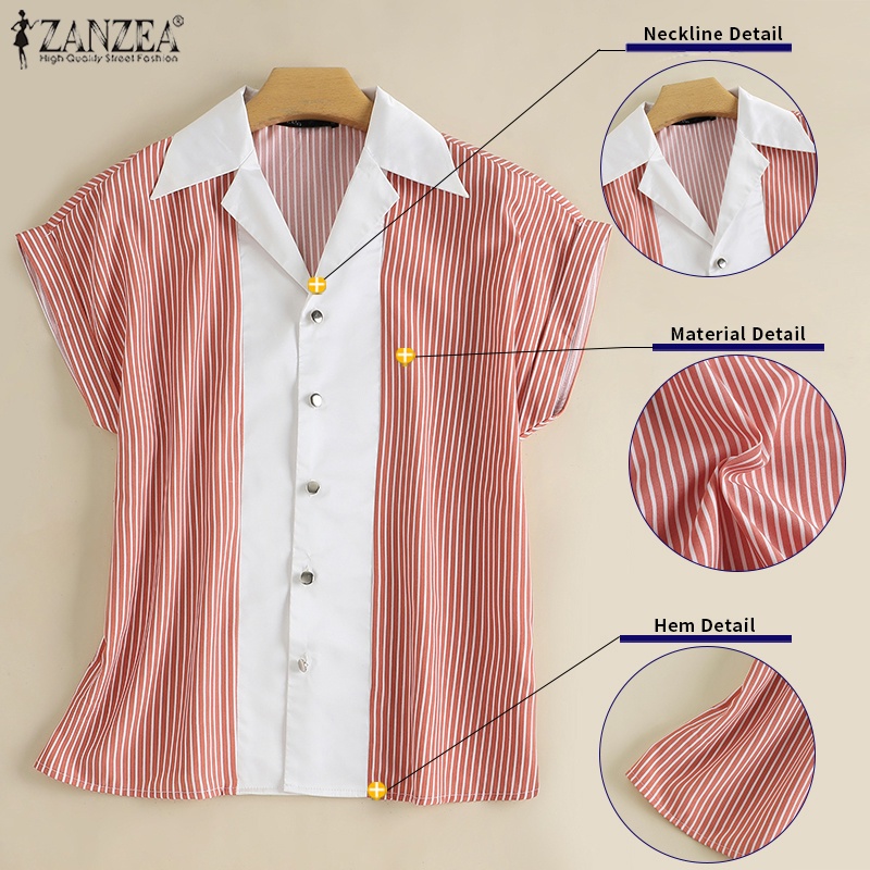 ZANZEA Áo Sơ Mi Nữ Ngắn Tay Họa Tiết Sọc Thời Trang