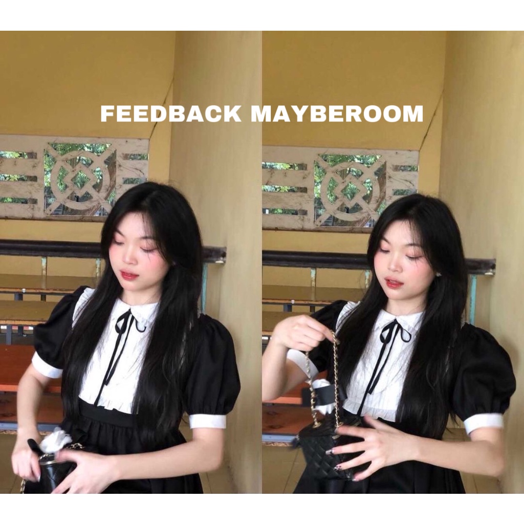 Váy suông chữ A màu đen xếp li bèo cổ bèo Emily Mayberoom