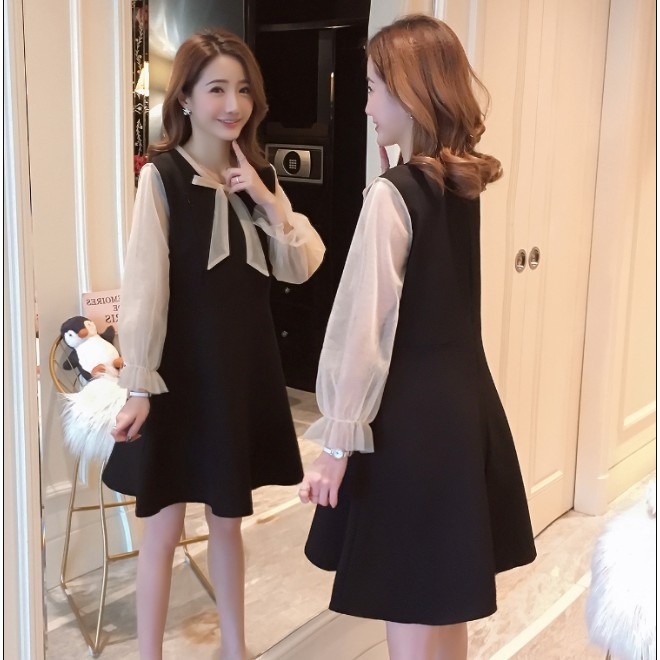 Váy bầu cổ nơ tay ren thời trang