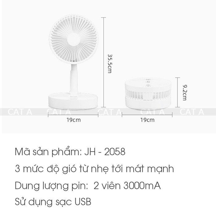 JH2058Quạt tích điện mini để bàn cổng sạc USB tiện lợi,3 cấp độ, gọn nhẹ,có đèn ngủ, sử dụng lên tới 10h