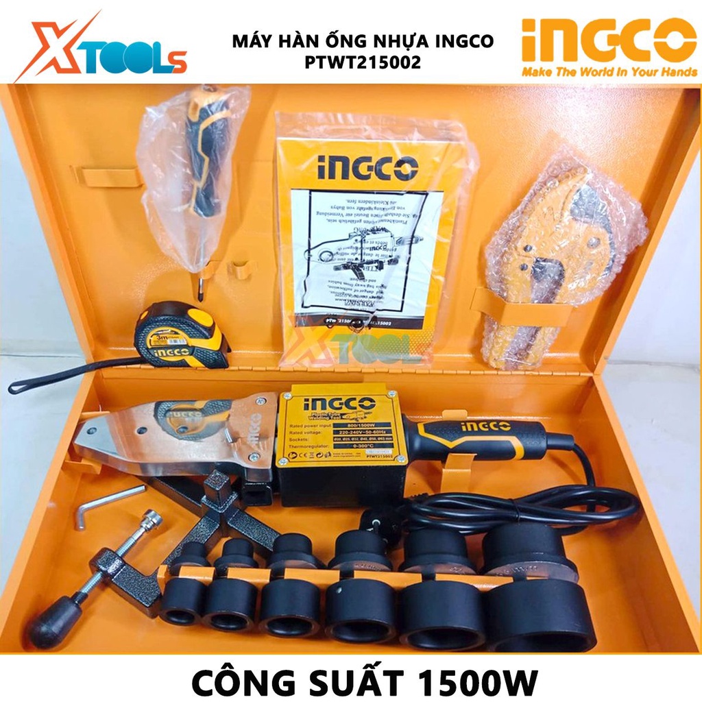 Máy hàn ống nhựa INGCO PTWT215002 | Máy hàn nhiệt 1500W, bộ ổ cắm nhiệt: 20, 25, 32, 40, 50, 63mm, Điều chỉnh nhiệt 0-30