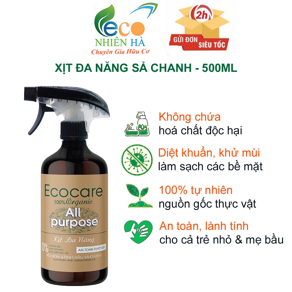 Nước lau bàn ăn ECOCARE 500ml tinh dầu sả chanh, xịt đa năng, lau kính, lau bếp, khử mùi