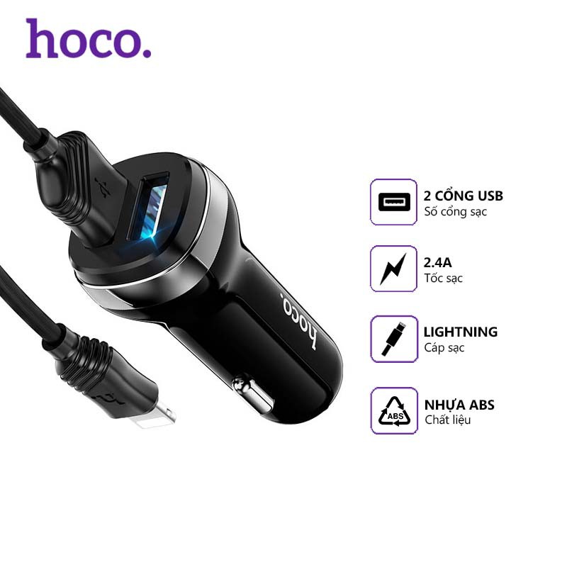 Bộ sạc nhanh Hoco Z40 trên xe hơi 2 cổng USB 2.4A, dài 1m, đầu Lightning, tương thích thiết bị Apple