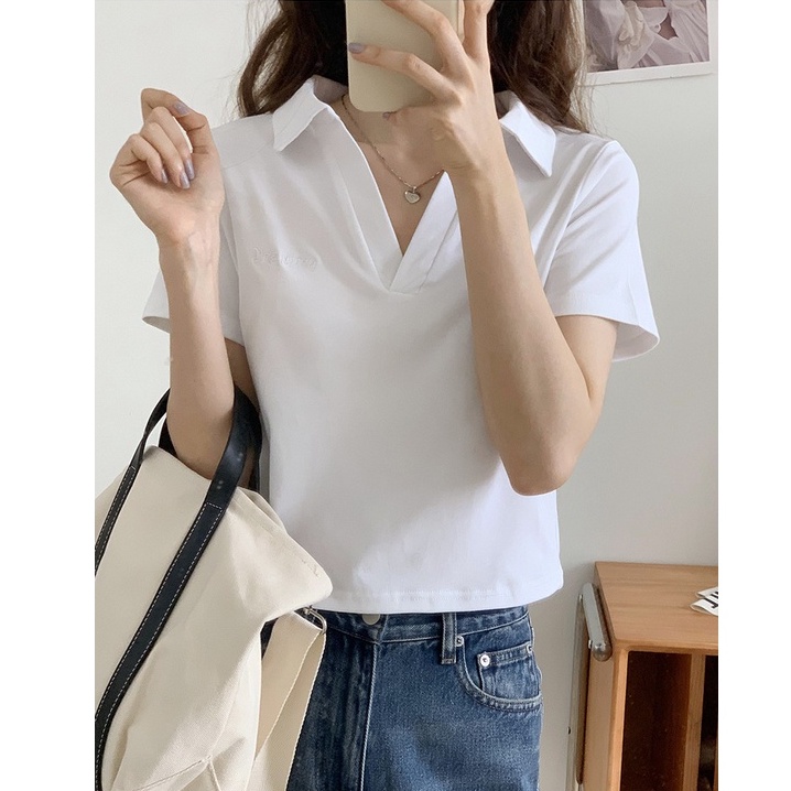 Áo sơ mi nữ croptop có cổ vải cotton co giãn thoáng mát cộc tay thun đẹp MoonLight_Store A12