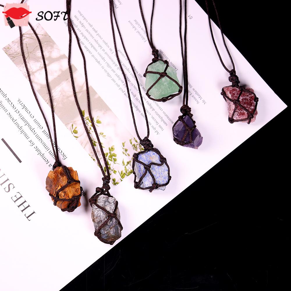 Vòng cổ dây bện phối mặt đá khoáng thiên nhiên thời trang cho nam và nữ