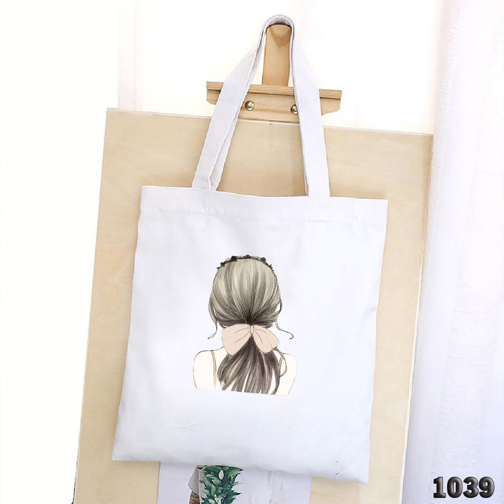 Túi Tote Túi Vải Canvas Có Khóa Miệng Kích Cỡ Lớn Đựng Vừa A4 1039 Họa Tiết Cô Gái Quay Lưng Dễ Thương