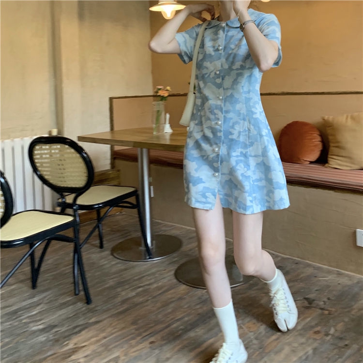 Đầm Denim Tay Phồng Họa Tiết Rằn Ri Phong Cách Hàn Quốc 2020