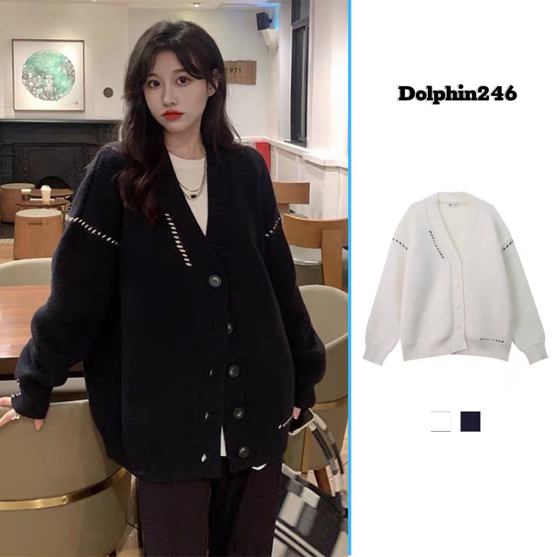 Áo khoác len cardigan phối viền sọc đen chất len đẹp QCCC dáng rộng phong cách Hàn Quốc H-7