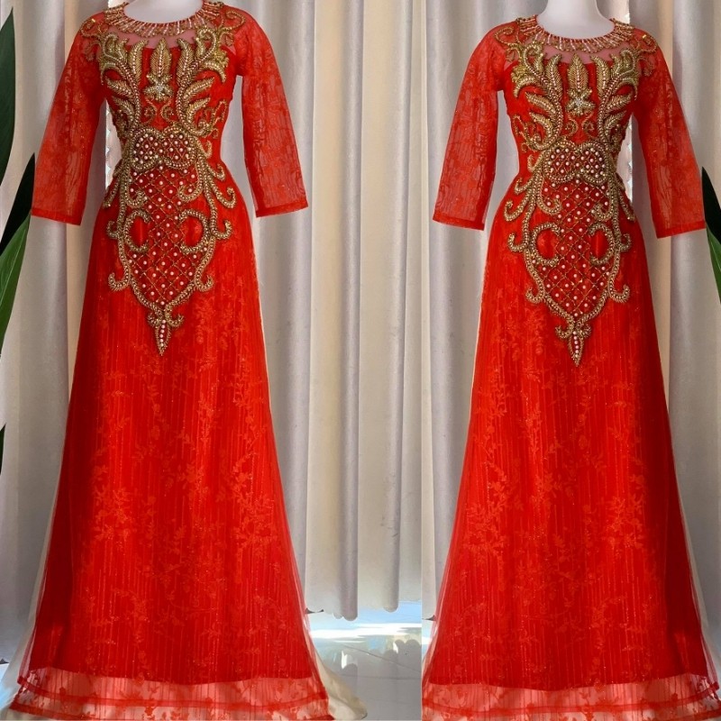 Áo Dài Mẹ Cô Dâu - Áo Dài Sui Gia Màu Đỏ Tươi Kết Kim Sa Sang Trọng ADM013