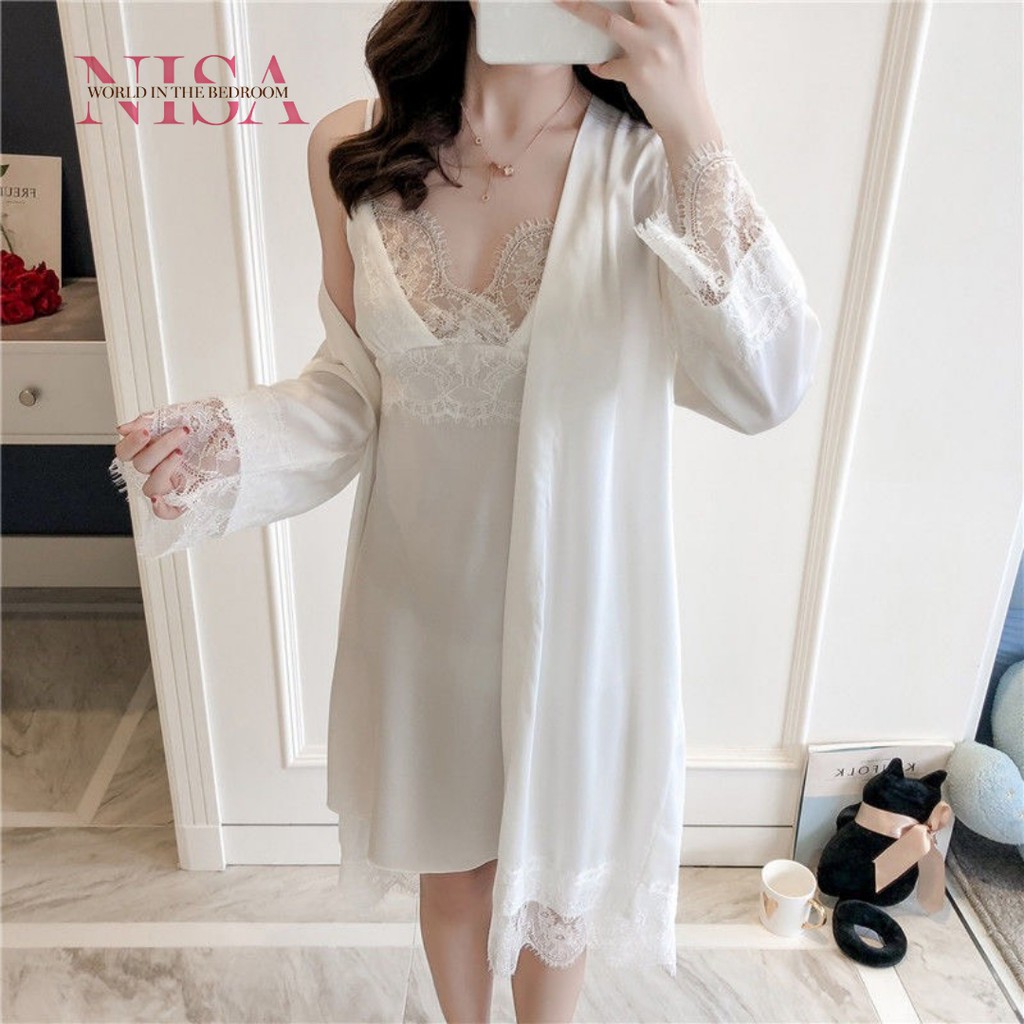 [FREESHIP MUA 2 ]Set váy lụa 2 dây kèm áo choàng phối ren tinh tế | BigBuy360 - bigbuy360.vn