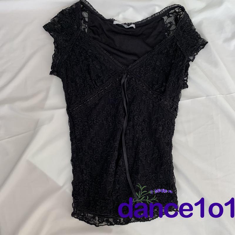 ✥QM✿y2k Woman V Neck Lace Crop Tops