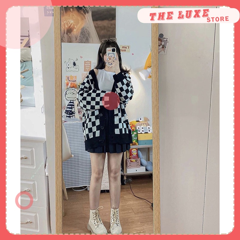 Áo cardigan len họa tiết sọc caro, Áo khoác len nữ thu đông form rộng 100% được may từ len mềm mịn phối màu đen trắng | BigBuy360 - bigbuy360.vn