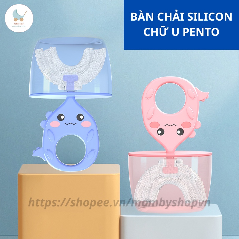 Bàn chải đánh răng cầm tay chữ U silicon lông siêu mềm làm sạch 360 độ cho bé từ 2 tuổi Pento Bay có cốc đựng tiện lợi