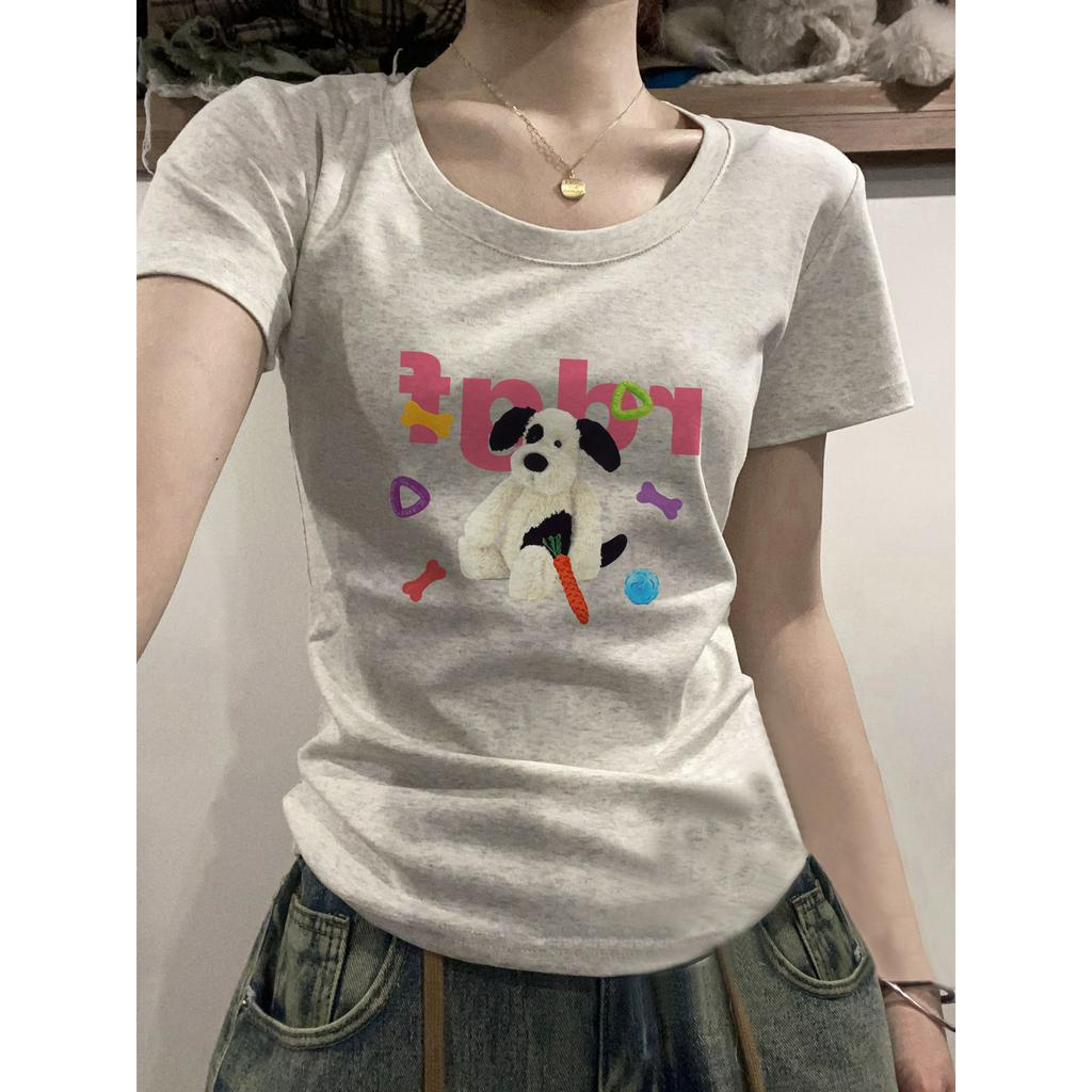 Ethelgirl Áo Thun Tay Ngắn Dáng Ôm In Họa Tiết Hoạt Hình Phong Cách Hàn Quốc Thời Trang Cho Nữ