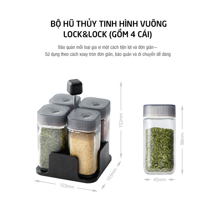 Set 4 hũ thủy tinh đựng gia vị Lock&amp;Lock LLG696 (Kèm kệ đựng)