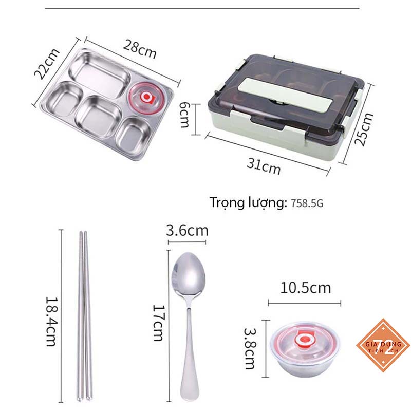 Khay Cơm Chia Phần 5 Ngăn Giữ Nhiệt INOX 304 + Tặng thìa + đũa [HỘP CƠM 5 NGĂN]