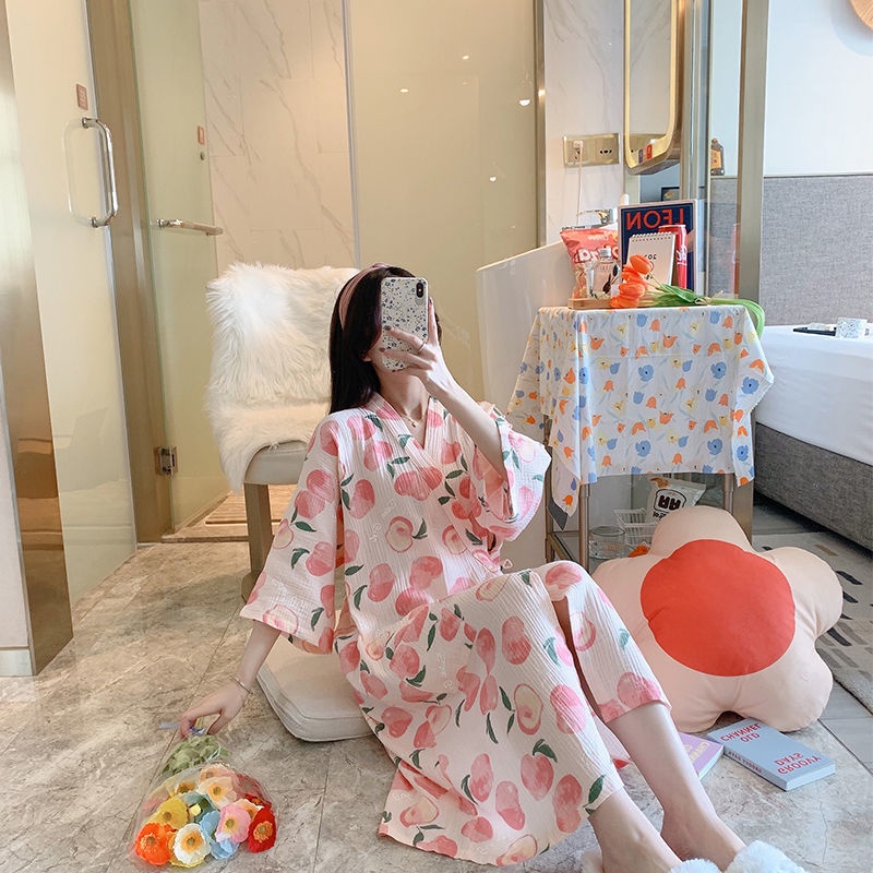 Váy đêm mùa vải cotton tinh khiết gạc kimono áo ngủ ban ngày mỏng Nhật Bản dễ thương hút mồ hôi quần choàng tắm đồ