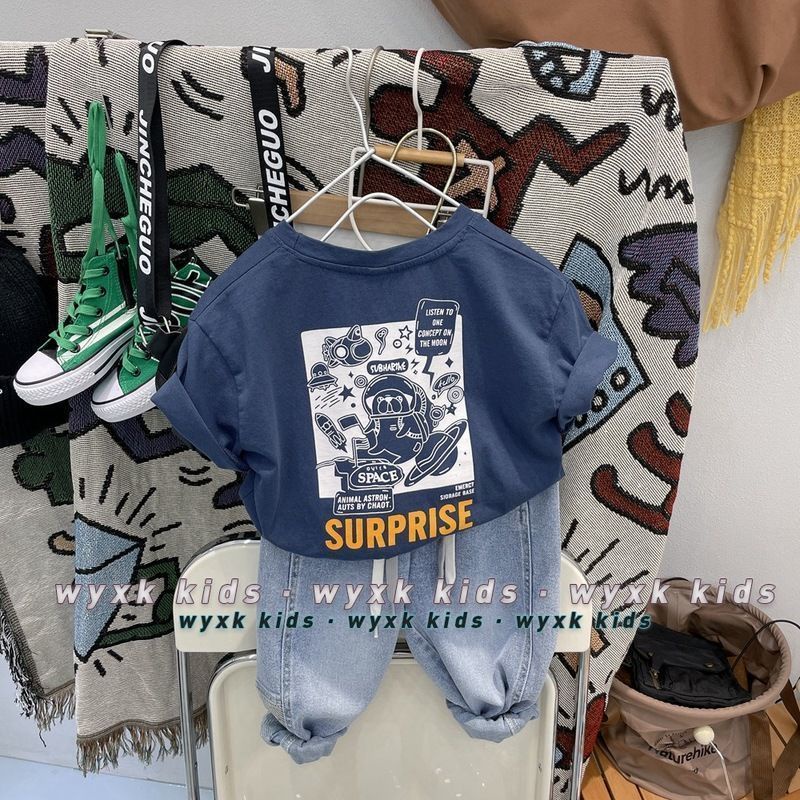 Áo Thun Cotton Ngắn Tay In Chữ Hoạt Hình Phong Cách Hàn Quốc Thời Trang Mùa Hè Cho Bé Trai