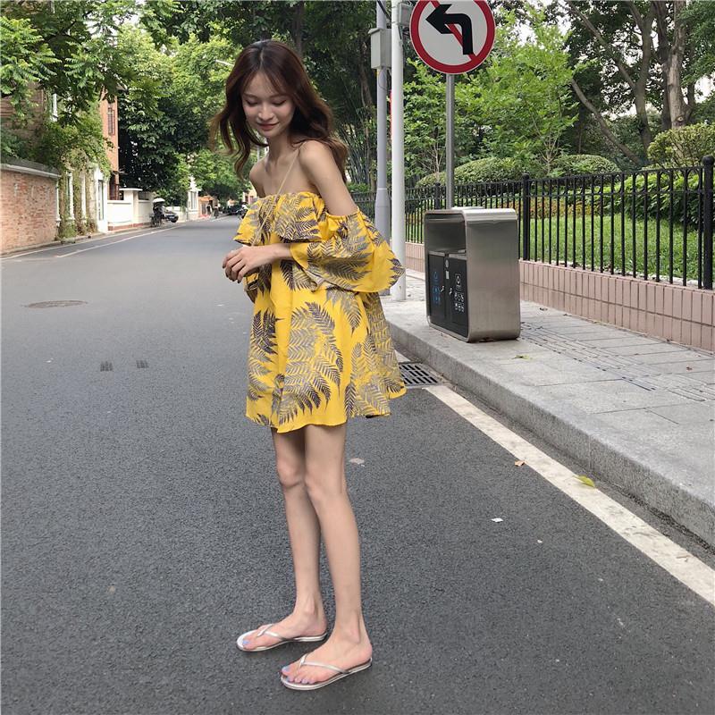 IELGY Đầm Hở Vai Cổ Lá Sen Phong Cách Hàn Quốc Ngọt Ngào Cho Nữ