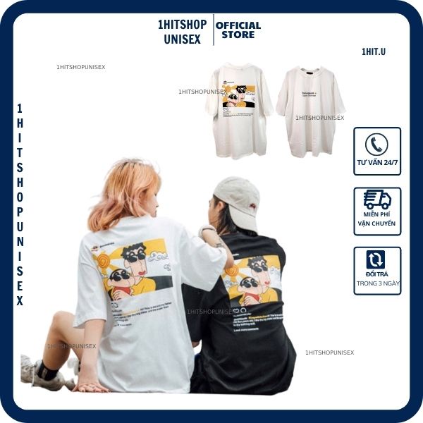 Áo phông nữ 1HITSHOPUNISEX Áo thun cu Shin cậu bé bút chì cotton mát hút mồ hôi màu đen trắng