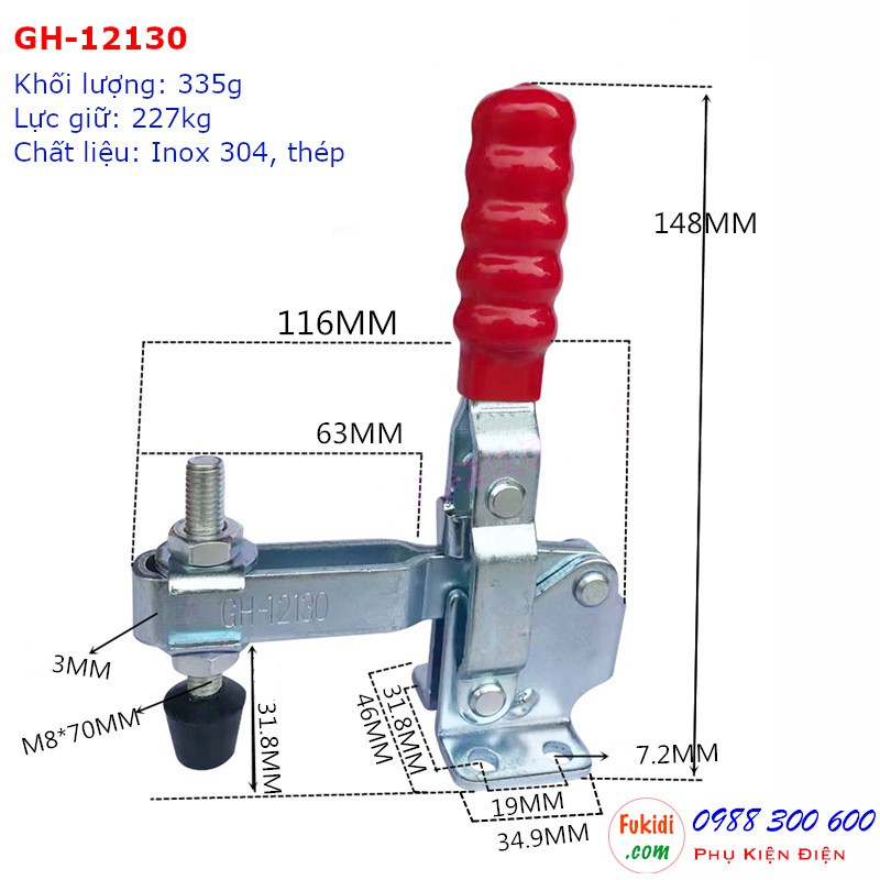 Kẹp định vị GH-12130-SS inox 304, lực giữ 227kg, tay cầm dài 148mm - GH12130SS