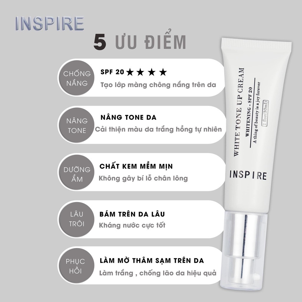 INSPIRE - Kem Face Lười White Tone Up Cream, Hỗ trợ makeup, Dưỡng trắng da, Cấp ẩm, Giảm sạm nám, tàn nhanh, Chống nắng