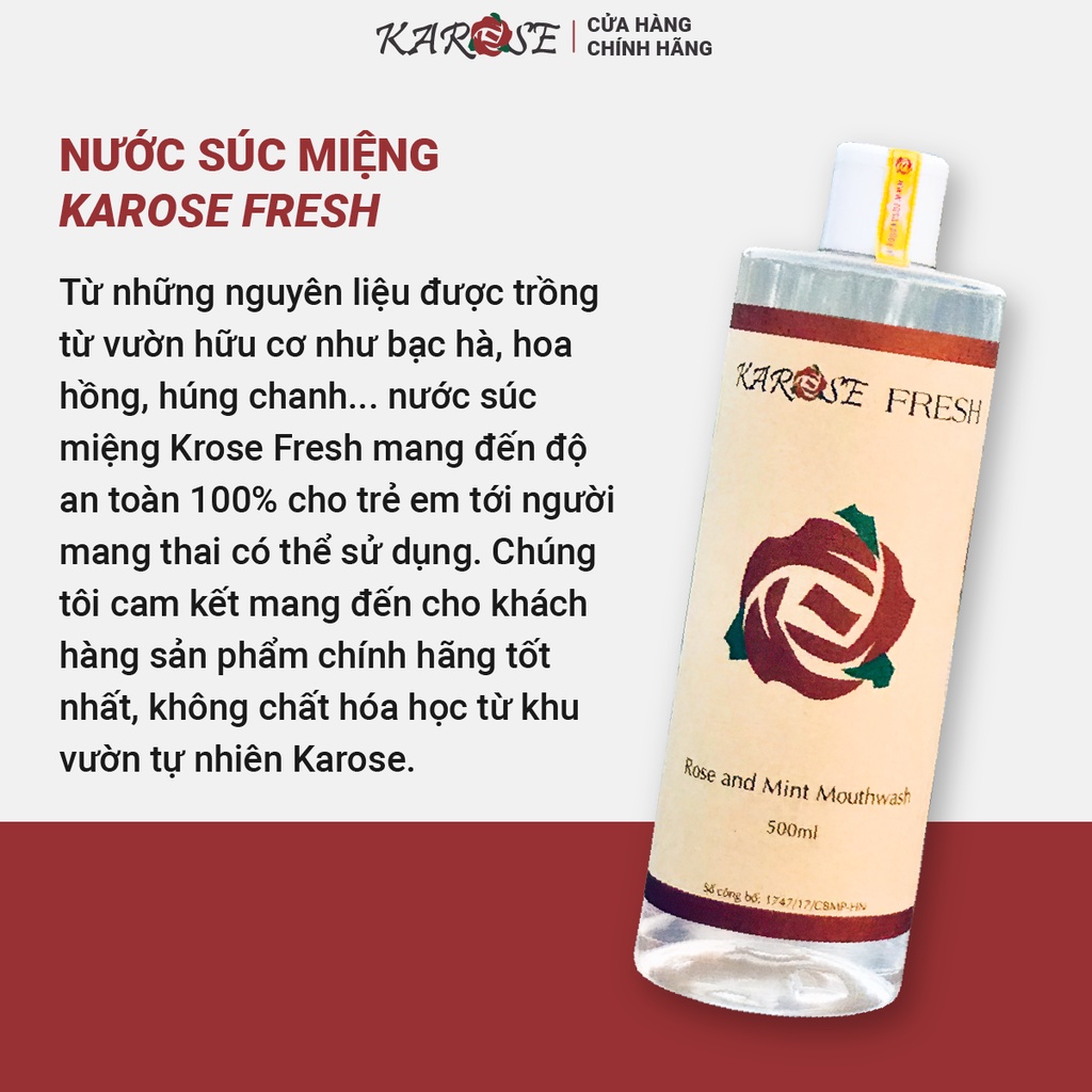 (DATE MỚI NHẤT, 500 ml) Nước súc miệng Karose Fresh 100% tự nhiên từ hoa hồng, bạc hà, diệt khuẩn, thơm miệng