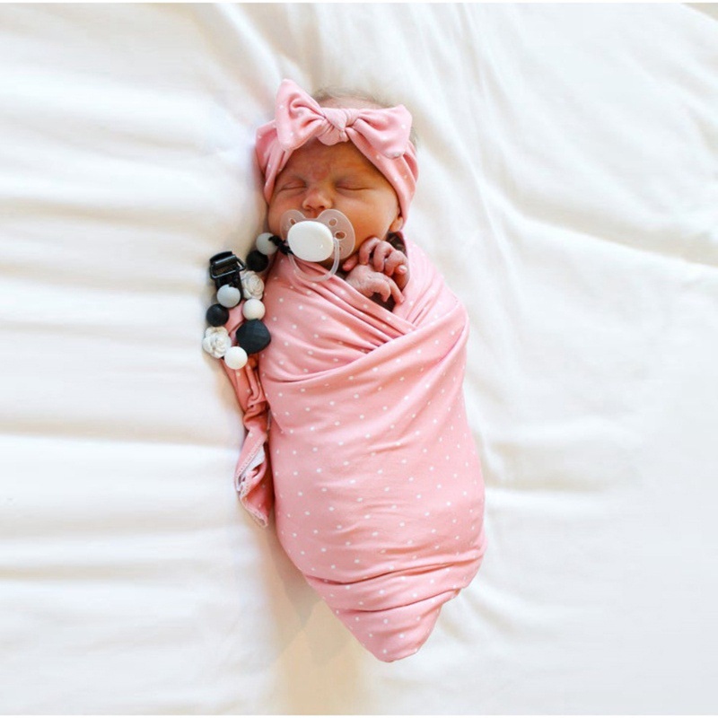 Set khăn quấn trẻ sơ sinh chất liệu cotton kèm băng đô đính nơ làm đạo cụ chụp hình