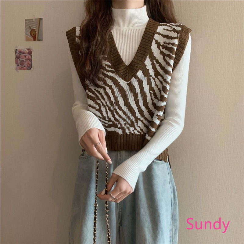 Áo khoác dệt kim không tay dáng rộng in họa tiết ngựa vằn kiểu vintage hàn quốc cho nữ