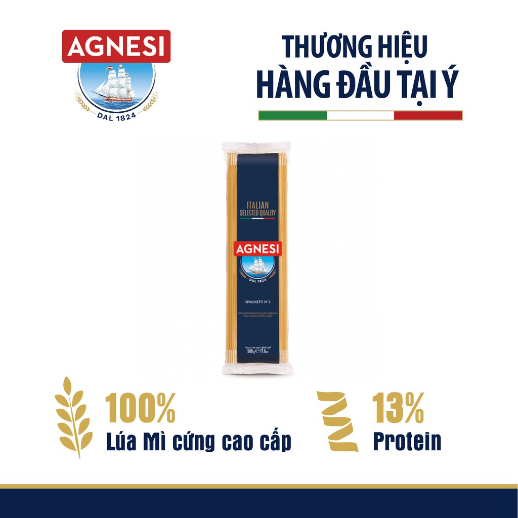 Mì Ý Spaghetti Agnesi 500g, dùng lúa mì durum cao cấp giữ sốt, không gãy và dính