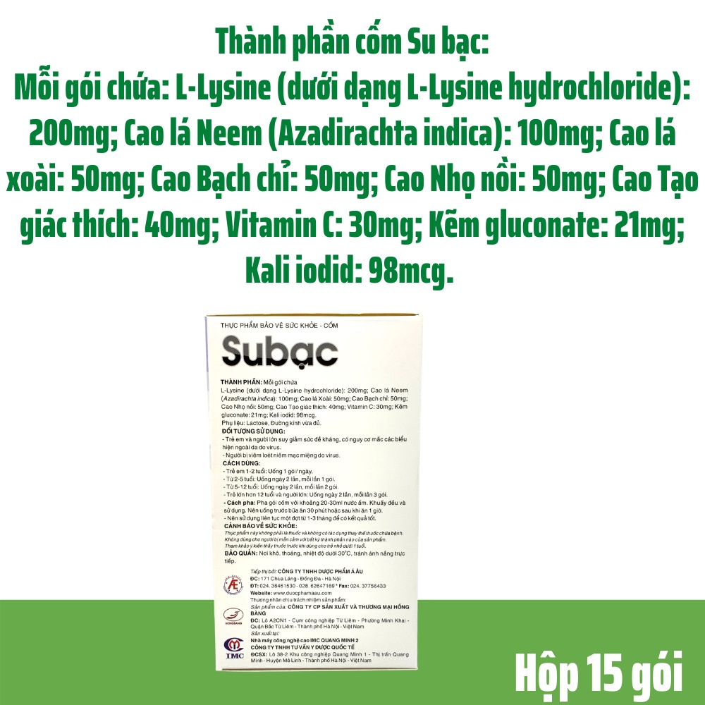 Cốm Su bạc - tăng cường sức đề kháng cho trẻ - Subac tăng miễn dịch cho bé từ lysine, cao lá xoài, vitamin C