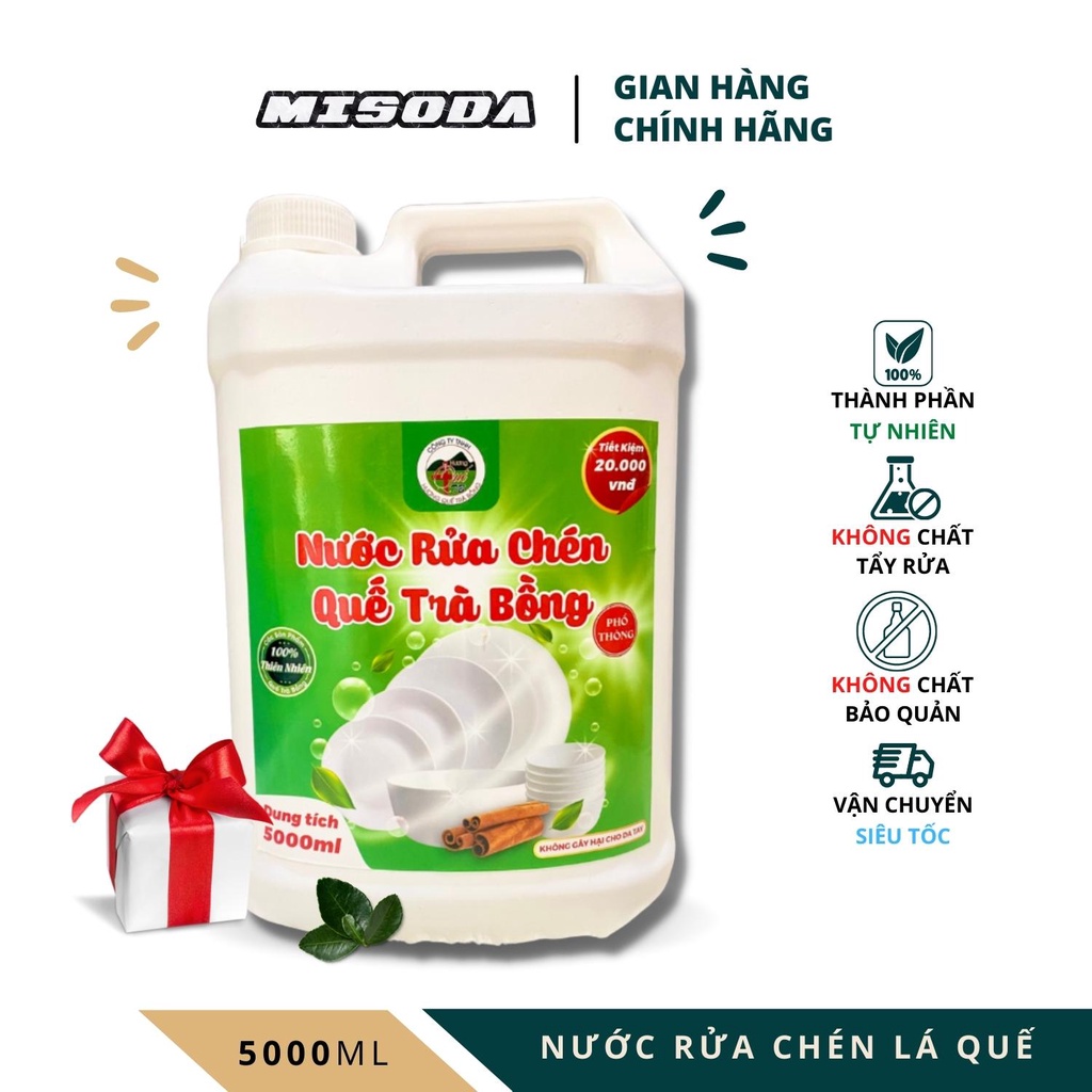 Nước rửa chén bát lá quế đậm đặc Hương Quế Trà Bồng 5000ml, thành phần tự nhiên,an toàn cho sức khỏe, mùi hương dễ chịu