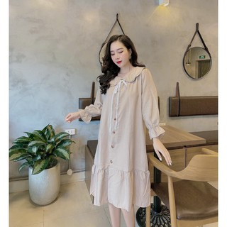 váy suông dài tay trơn thắt nơ cổ đính khuy phom rộng đuôi cá chất nhung tăm điệu đà