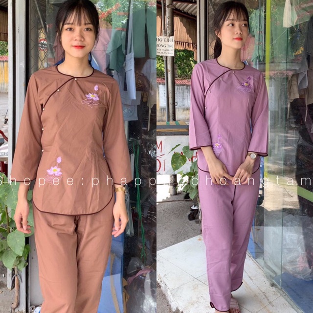 ĐỒ LAM ĐI CHÙA  MẪU 7 NÚT BẸT SEN THÊU KATE GIÁ RẺ VÔ ĐỊCH