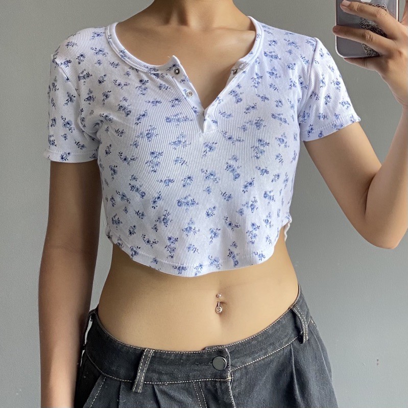 🔥[HÌNH THẬT + HÀNG CÓ SẴN] Áo crotop hoa vạt bầu