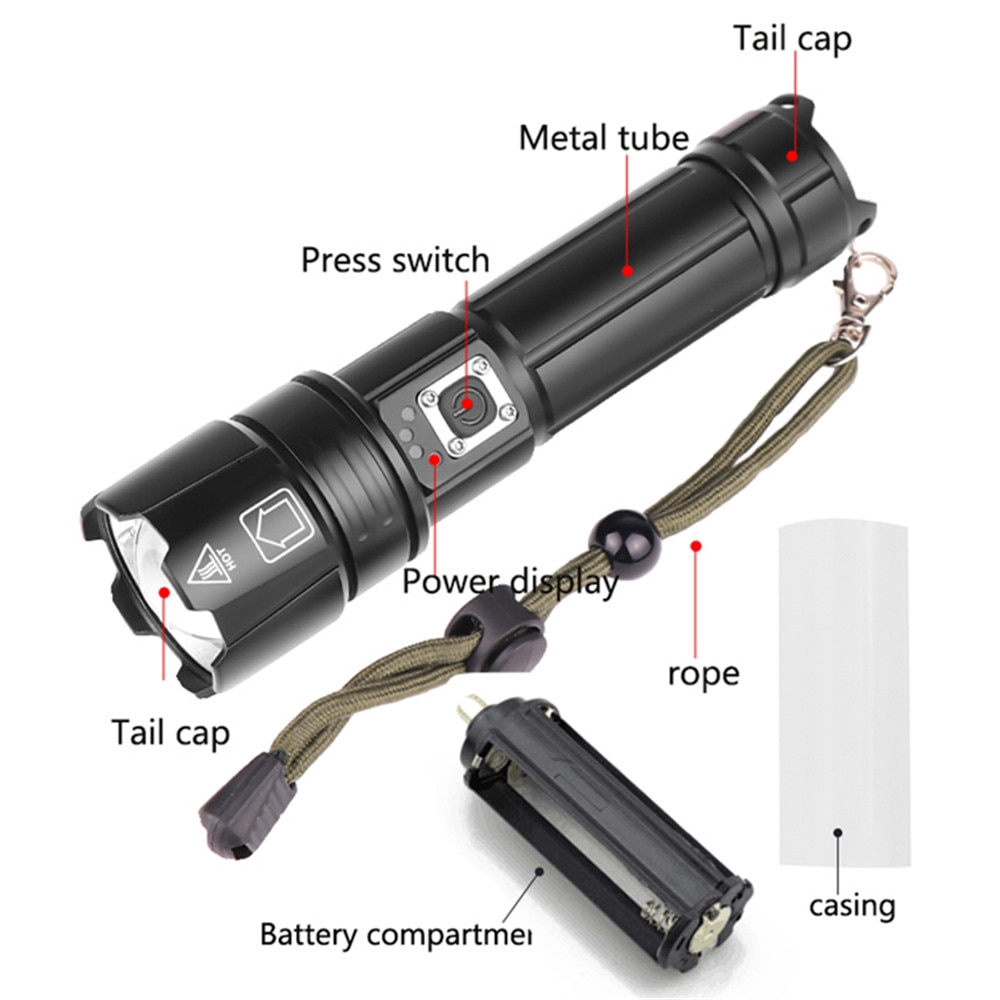 Đèn pin LED XHP90.2 26650 USB có thể sạc lại/Đèn chiến thuật XHP70.2 18650 không thấm nước có thể phóng to cao cấp