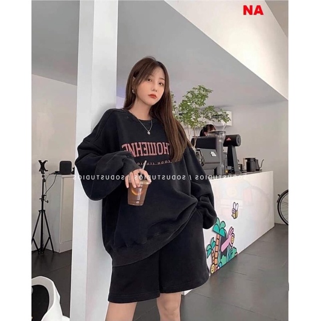 Sét Bộ thu đông nam nữ OTH Ulzzang tay bồng in chữ kèm quần Short