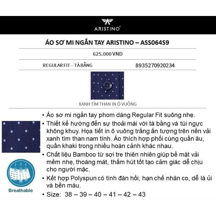 Áo Sơ Mi Nam Tay Ngắn Aristino ASS064S9 Chất Vải Sợi Tre Kiểu Dáng Regular Fit Tà Bằng Chất Liệu Sợi Tre