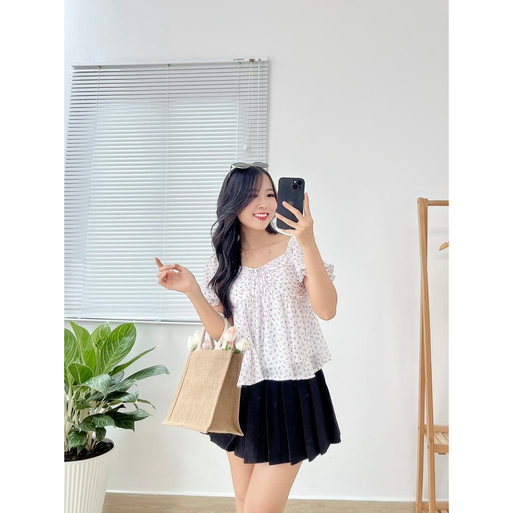 Áo Babydoll Trễ Vai Tay Phồng Hoa Nhí Tím A05
