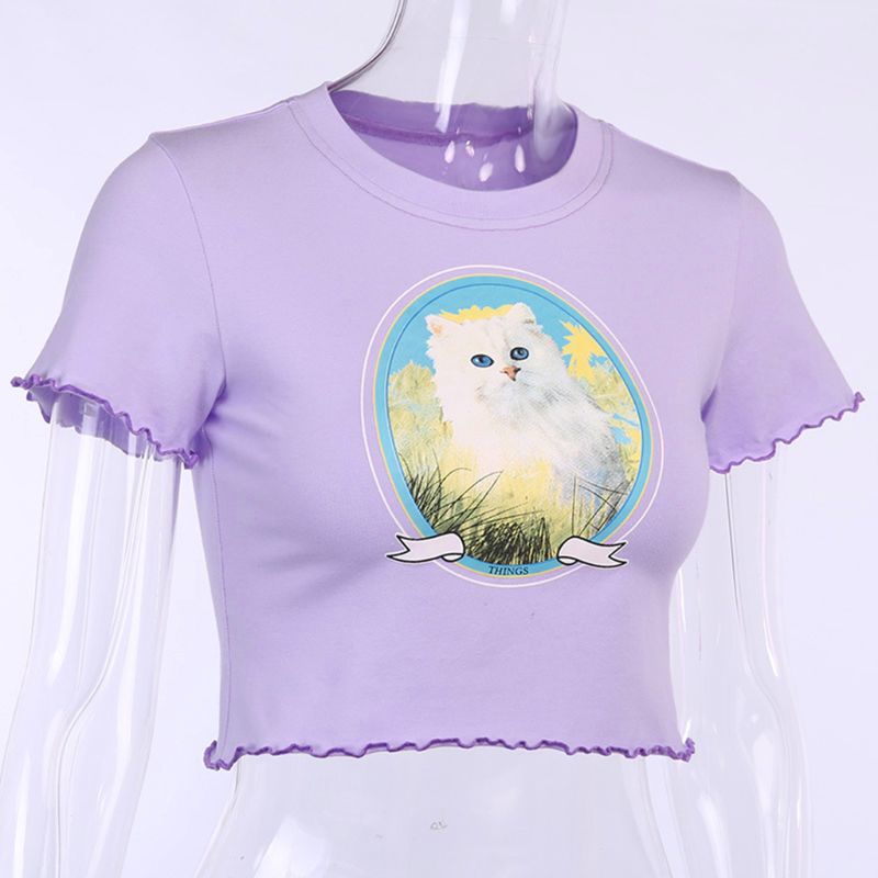 Áo Thun Crop Top Tay Ngắn Phối Bèo Màu Sắc Tươi Sáng In Họa Tiết Mèo Đáng Yêu Thời Trang Mùa Hè Cho Nữ