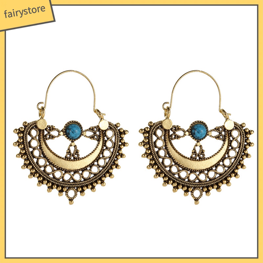 Khuyên Tai Chuỗi Đính Đá Ngọc Lam Nhân Tạo Phong Cách Dân Tộc Thời Trang Cho Nữ