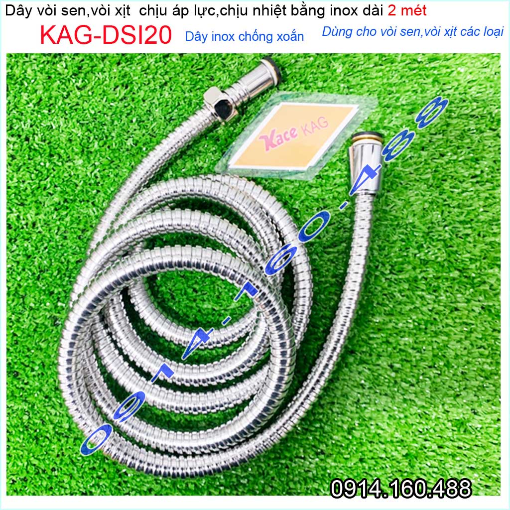 Dây sen dài 2m KAG-DSI20, dây vòi tắm máy nước nóng- dây vòi xịt vệ sinh 2000mm, dây sen chống xoắn màu inox sử dụng tốt
