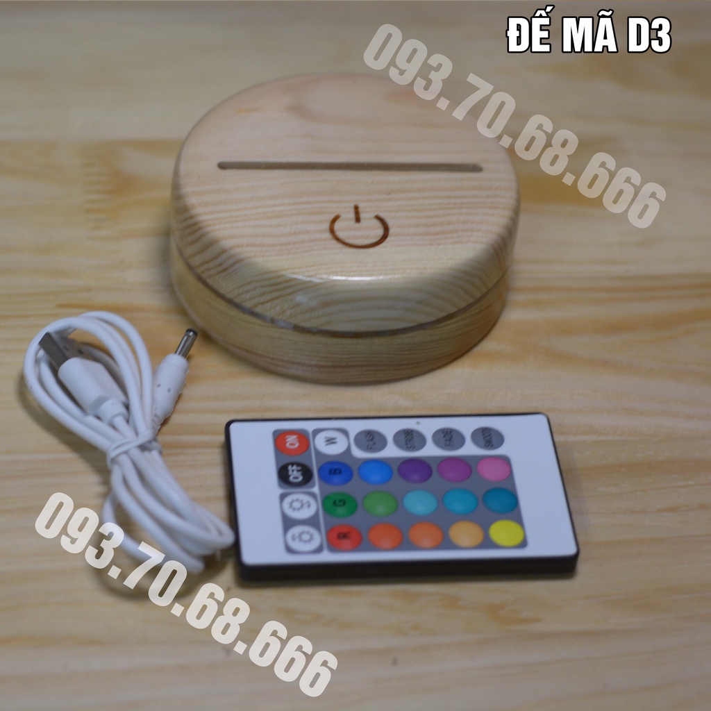 Đế đèn LED 3D gỗ - 16 màu - Có cảm ứng - Điều khiển dây sạc - D3