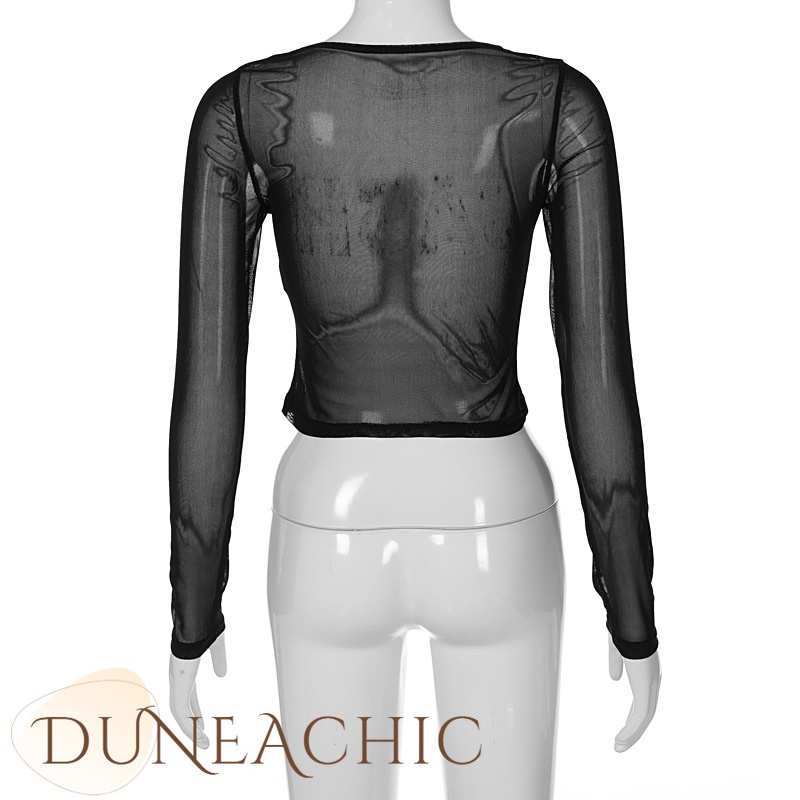 DUNEA Áo Thun Lưới Tay Dài Cổ Tròn Khoét Ngực Gợi Cảm Cho Nữ