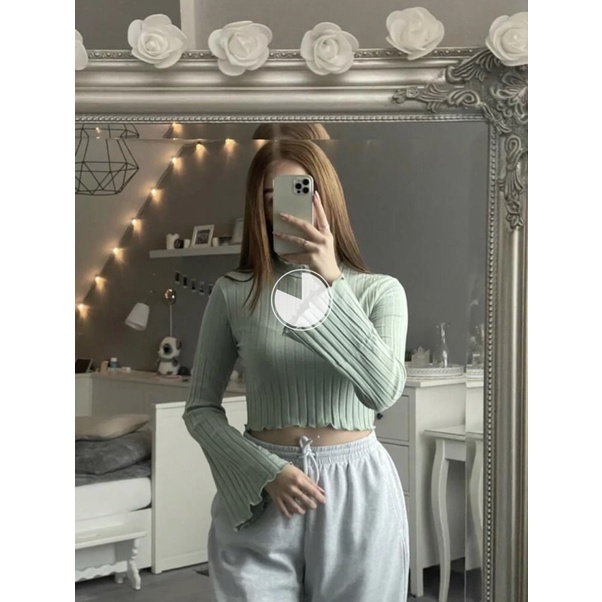 Áo thun croptop body tay loe cổ ba phân co giãn