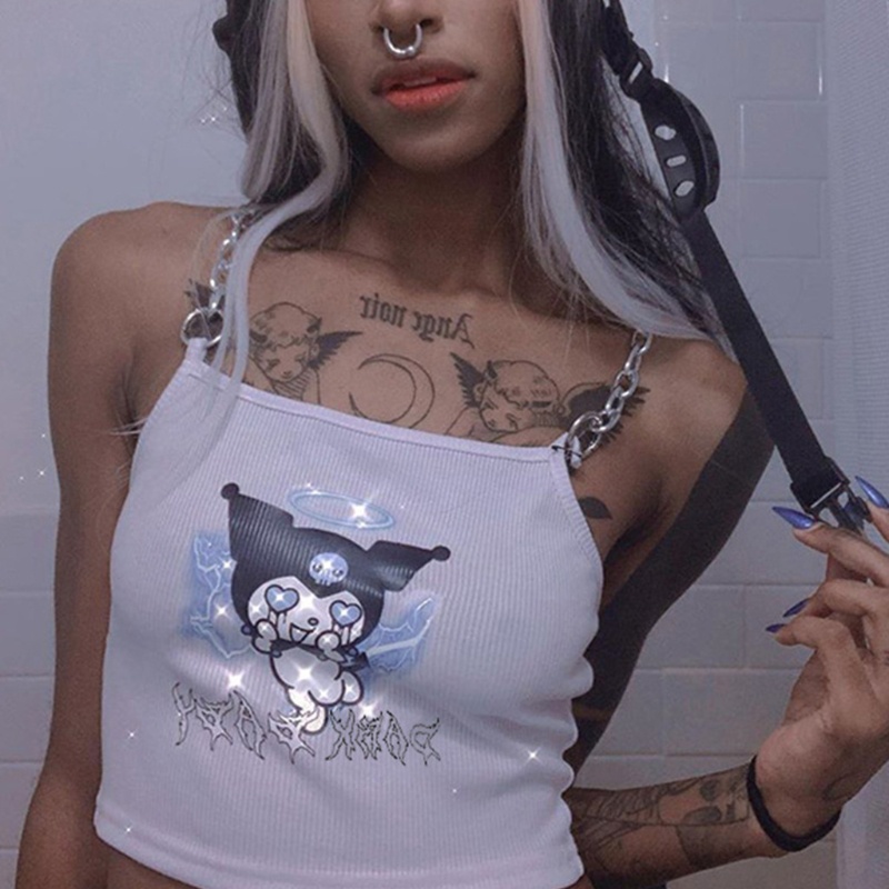 Áo croptop ôm dáng hai dây phối dây xích kim loại in họa tiết ác quỷ anime cho nữ