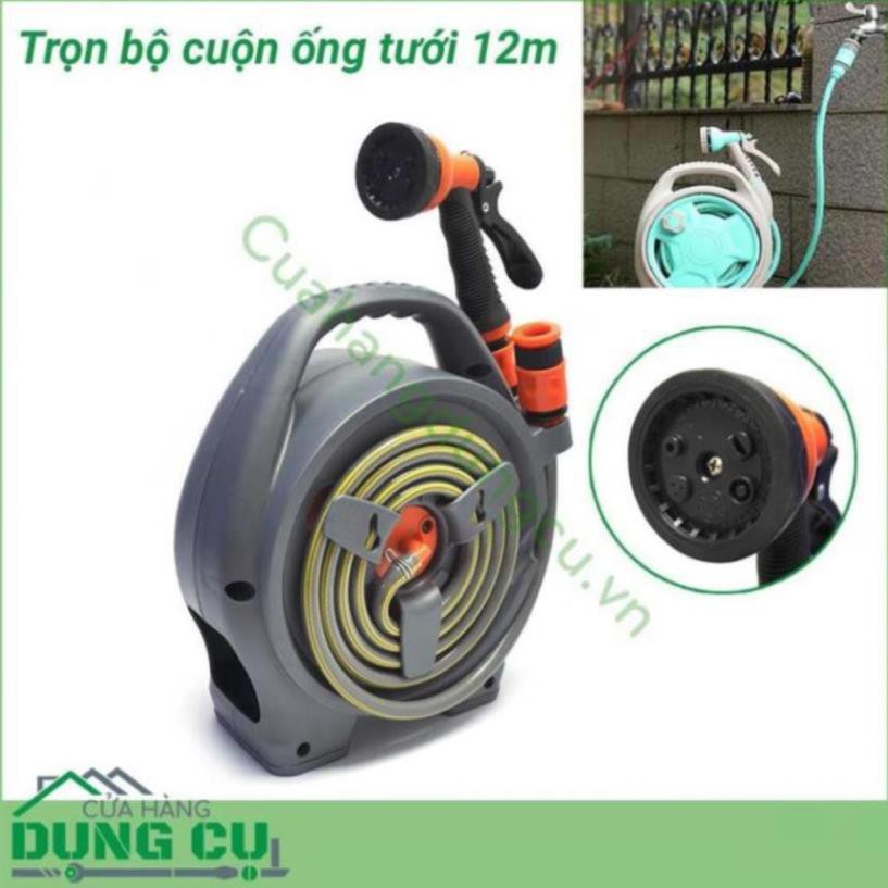 Bộ vòi rửa xe, tưới cây thu cuộn dây ống dài 12m Ống nước siêu bền, không gập, không xoắn, chịu áp lực cao