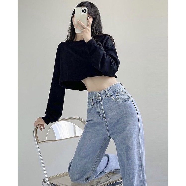 QUẦN JEANS ỐNG RỘNG NỮ LƯNG CAO CẠP CHÉO LƯNG LAI CUỐN FORM DÀI RỘNG MÀU XANH NHẠT CAO CẤP NITIQC MÀU XANH NHẠT XÁM